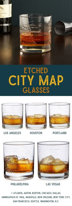 etched city map glasses are shown with different types of whiskeys and ice cubes