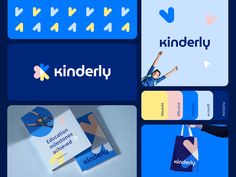 four different kinds of business cards with the words kinderly on them and an image of a person holding a shopping bag