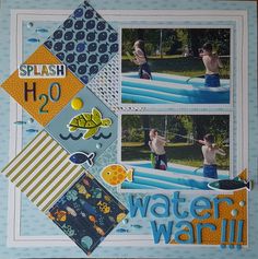 a scrapbook page with pictures of boys playing in the pool and swimming on an inflatable raft