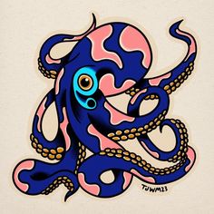 an octopus with blue eyes and pink tentacles