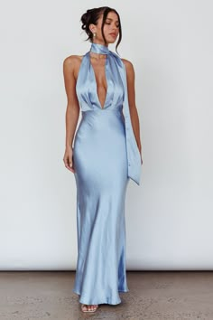 Italia Azure Halterneck Maxi Dress Blue by Selfie Leslie Azure Dress, Satin Clutch, Blue Maxi Dress, Dream Dresses, Guest Attire, Wedding Attire Guest, Blue Maxi, Clear Heels, Glam Dresses