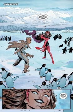 an image of a comic strip with penguins in the background and one woman on the ground