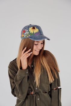 Hand embroidered Hat / Birthday hats women / Custom hat / Floral embroidery / Baseball cap / Washed Baseball Cap Design, Hat Birthday, Blue Baseball Cap, Birthday Hats, Women Trucker, Colorful Hat, Embroidery Baseball, Vintage Baseball Caps, Hats Women