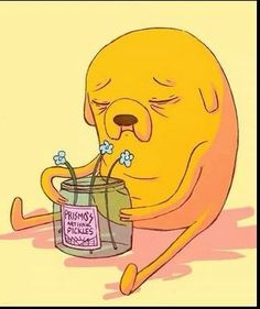 a cartoon character holding a jar with flowers in it's mouth and the caption says,