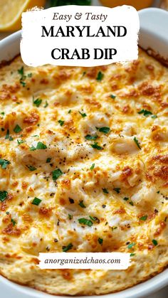 an easy and tasty maryland crab dip in a white bowl with parsley on top