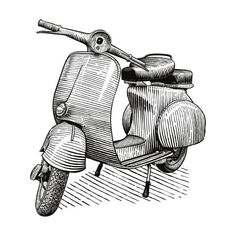 an old scooter is shown in black and white