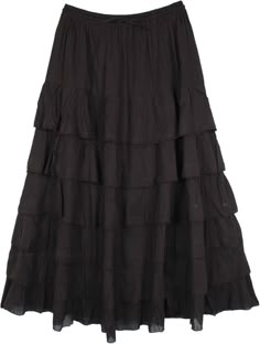 A black cotton maxi skirt with a difference - the flouncy ruffles makes for a bold addition to your bohemian wardrobe.  The skirt has an elastic waist with a drawstring for sizing flexibility. #tlb #Crinkle #TieredSkirt #MaxiSkirt #FairycoreSkirt #TieredSkirt #PixieSkirt Black Flowy Tiered Skirt, Spring Black Maxi Skirt With Ruffle Hem, Black Tiered Gathered Skirt, Casual Black Tiered Maxi Skirt, Black Flared Maxi Skirt With Ruffles, Black Tiered Ruffled Maxi Skirt, Black Tiered Maxi Skirt For Summer, Black Ruffled Maxi Skirt, Flowy Black Bohemian Maxi Skirt