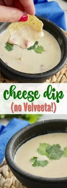 a person dipping cheese dip into a bowl with parsley on top and the words cheese dip no velveeta above it