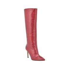 Guess Women's Dayton Stiletto Dress Boots Medium Red Croco Faux Leather 10m New Description: The Dayton Dress Boot Is An Iconic Silhouette From Guess. It Features A Chic Taper Toe And Knee High Shaft That Will Be Your Go To Fashion Boot This Fall. Heel Height - 3.35", Stiletto Heel Shaft Height - 13.98", Calf Circumference - 14.17" Shoe Width - Medium Pull-On Closure Suede Or Faux Leather Upper, Textile And Manmade Lining, Manmade Sole Pointy Toe Suede Or Faux Leather Spot Clean Imported ***Stoc Red Synthetic Boots, Fitted Red Synthetic Boots, Red Fitted Elegant Boots, Fitted Red Elegant Boots, Elegant Fitted Red Boots, Red Fitted Synthetic Boots, Fitted Red Faux Leather Boots, Leopard Ankle Boots, Taupe Heels