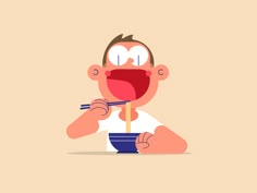 a man eating noodles with chopsticks in his mouth and holding a fork up to his mouth