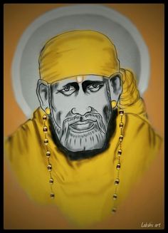 a painting of a man wearing a yellow outfit with beads around his neck and eyes