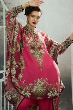 Fuchsia pink shirt kurta with floral print and gazette sleeves. Paired with printed dhoti pant. - Aza Fashions Pink Traditional Drape Kaftan For Festivals, Designer Pink Kaftan For Diwali, Pink Bollywood Kaftan With Dabka, Pink Kaftan For Diwali, Pink Dabka Kaftan For Festive Occasions, Festive Pink Dabka Kaftan, Pink Dabka Kaftan For Eid, Traditional Pink Kaftan With Traditional Drape, Traditional Tunic Kurta With Digital Print