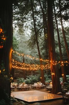 a dance floor in the middle of a forest with lights strung over it and trees