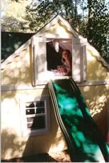 a house with a slide in the window and trees behind it on a sunny day