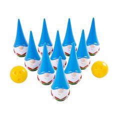 a group of blue and white gnome hats next to a yellow ball