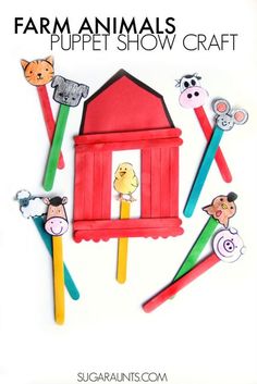 farm animals puppet show craft made from pops sticks and construction paper with the words farm animals on them