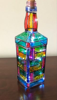 Bottle art , painted bottles , stain glass effect , altered bottle Craft Ideas For School, Waste Craft Ideas, Creative Project Ideas, Craft Ideas Easy, Glassware Crafts