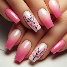 Nail Art Designs Cherry Blossoms, Cherry Blossom Nails Acrylic, Sakura Nails Design, Nails Cherry Blossom, Nails Pink Flowers, Cherry Blossom Nails Design, 2023 Nails Ideas, Cherry Blossom Nails Art, Acrylic Nails Cute