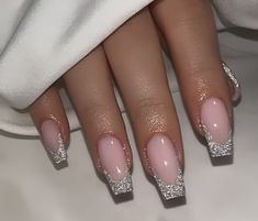 Glittery French Tip Nails Coffin, Silvester Nails New Years, White Glitter French Tip Nails, New Years Eve Nails Ideas Sparkle, Nail Inspo Glitter, Silvester Nails, Silver French Nails, French Nails With Glitter, French Glitter Nails