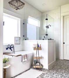 a white bath tub sitting next to a window