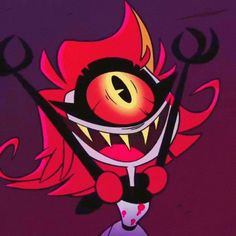 an evil looking cartoon character with large teeth and huge eyes, holding scissors in one hand