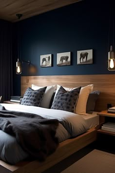 Bedroom Decor Ideas| Bedroom Decor Ideas for Women Room Color Ideas Men, Navy Wood Bedroom, Dark Blue And Wood Bedroom, Blue Bedroom Men, Blue And Wood Interior, Terracotta And Navy Bedroom, Navy Blue Feature Wall Bedroom, Bedroom With Wood Wall, Bedroom Men Modern