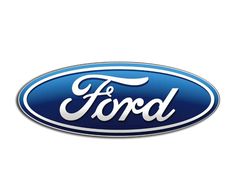 the ford logo is shown in blue and white with silver lettering on it's side