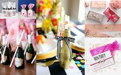 a collage of photos with champagne bottles and party favors on top of the table