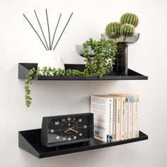 two black shelves with plants, books and a clock on them in front of a white wall