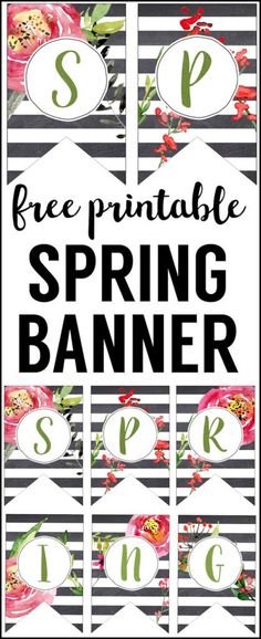 free printable spring banner with flowers and monogrammed letters on black and white stripes