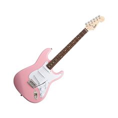 an electric guitar with a pink body and white fret, on a white background