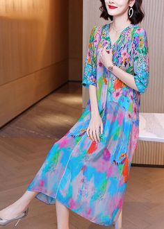 Women Light Blue V Neck Patchwork Print Silk Maxi Dresses Half Sleeve Spring V-neck Patchwork Maxi Dress, Blue Half-sleeve Midi Dress For Summer, Blue Half Sleeve Midi Dress For Summer, Blue Half-sleeve Midi Dress For Spring, Blue Half Sleeve Midi Dress For Spring, Blue Patchwork Maxi Dress For Summer, Short Sleeve Patchwork Midi Dress For Spring, Spring Patchwork Short Sleeve Midi Dress, Spring V-neck Maxi Dress With Patchwork