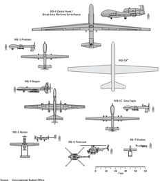 an image of various types of airplanes in blueprints on white paper with measurements for each plane