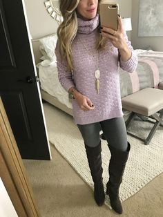 Lilac Sweater Outfit, Victoria Aesthetic, Tunic Sweater Outfits, White Tunic Sweater, Gray Outfits, Lilac Sweater, Grey Sweater Outfit, Teacher Clothes, Fall Closet