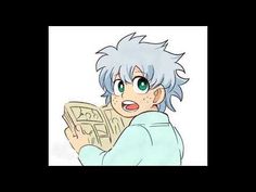 an anime character with blue hair and green eyes is reading a newspaper while looking at the camera