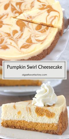 pumpkin swirl cheesecake on a white plate