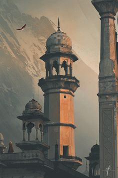 an old building with two towers and a bird flying over the top of it in front of a snowy mountain