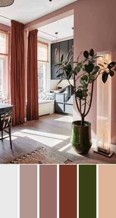 a dining room with pink walls and brown curtains