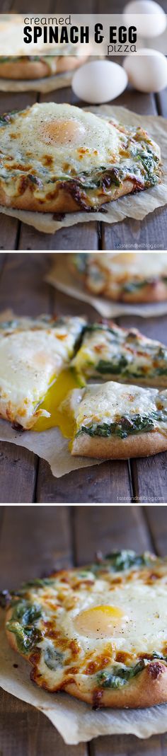 two slices of pizza with cheese and spinach on them sitting on top of paper