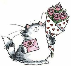 a drawing of a cat holding a bouquet of roses and an envelope in its paws