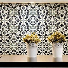 two potted plants sitting on top of a counter in front of a tiled wall