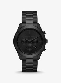 A monochrome masterpiece, our Slim Runway watch is designed with a polished all-black finish for a tough-luxe vibe. With tonal time stops, this bold piece is the epitome of chic. Slip it on with everything from your favorite off-duty looks to go-to daytime uniforms for a sleek finish. Luxury Chronograph Watch With Stopwatch For Formal Occasions, Luxury Black Polished Watch Bands, White Face Black Strap Watch, Black Retro Watch, Michael Kors Men, Stainless Steel Watch