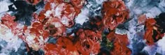 an abstract painting with red flowers in it