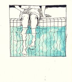 a drawing of a person sitting in a swimming pool with their feet on the edge