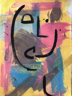 an abstract painting with black, pink, blue and yellow colors on it's face