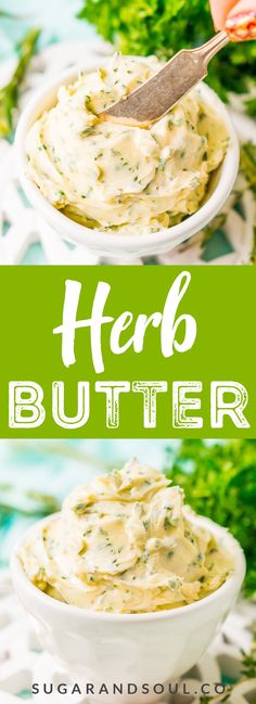 two bowls filled with herb butter on top of a table