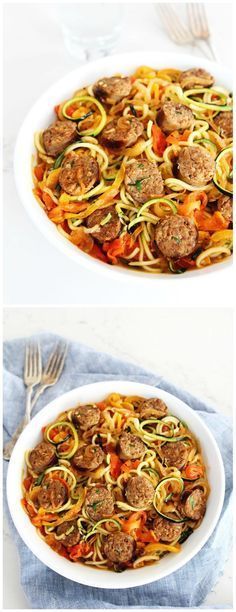 two pictures of spaghetti with meatballs and vegetables