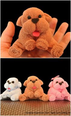 there are three stuffed animals in different colors and sizes, one is brown the other is pink