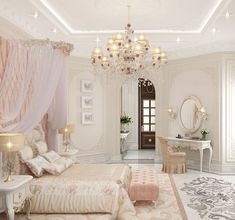 an elegant bedroom with chandelier, bed and dressing table in white and pink colors