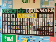 a bulletin board is covered in many different colors and designs for the bookmark contest